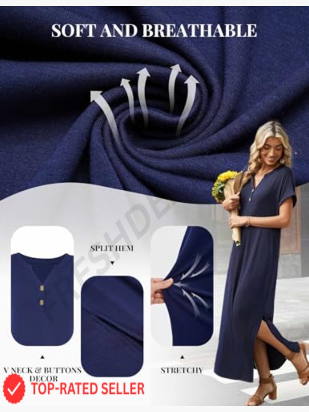 Maxi Dress Short Sleeve V-Neck Side Slit Pockets Summer Casual Sundress - Picture 5 of 7